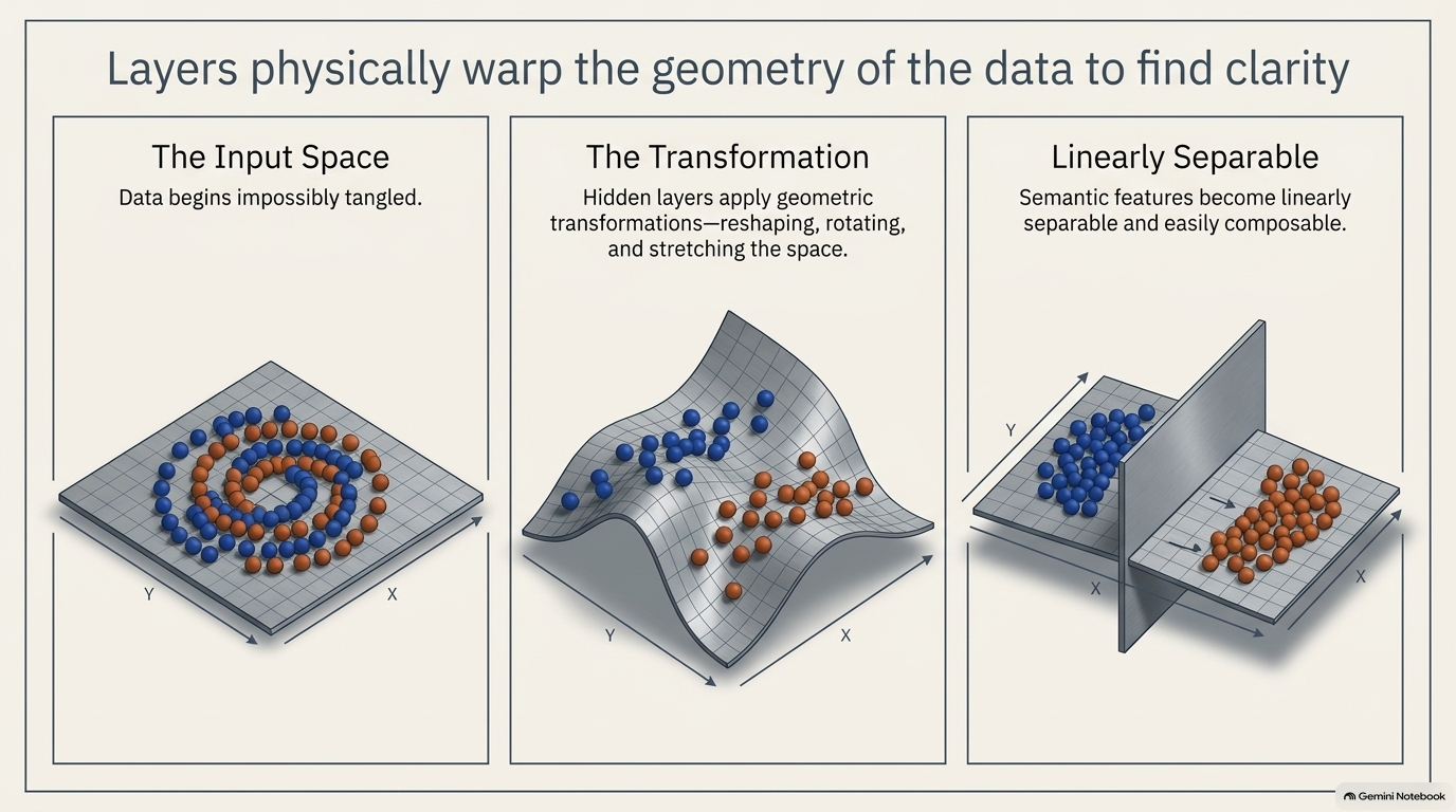 Slide 5: Layers physically warp the geometry of the data to find clarity